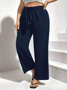 Auralis Plus Solid Belted Wide Leg Casual Pants Spring - Navy Blue - View 4