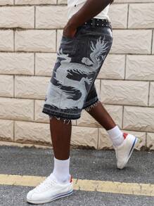 ROMWE MEN Street Life Men's Gothic Washed Cross Dragon Print Denim Shorts, Halloween - Black - View 4