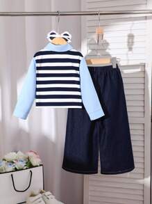 Young Girls 2pcs Set - Long Sleeve Striped Blue Shirt And Wide-Leg Denim Pants, Casual Commuting Chic Outfit, Thick & Lightweight, Suitable For Autumn, Back To School And All Season Fall Winter - Blue - View 2