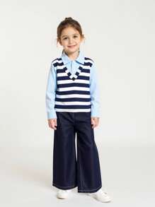 Young Girls 2pcs Set - Long Sleeve Striped Blue Shirt And Wide-Leg Denim Pants, Casual Commuting Chic Outfit, Thick & Lightweight, Suitable For Autumn, Back To School And All Season Fall Winter - Blue - View 3