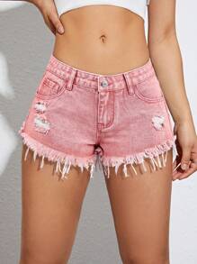 SHEIN EZwear Pantaloncini di jeans estivi alla moda da donna, con orlo sfrangiato e effetto vissuto