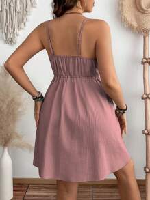 SHEIN LUNE 大码休闲日常夏季纯棉纹理面料口袋腰及膝吊带连衣裙 - 藕粉色 - 查看 2
