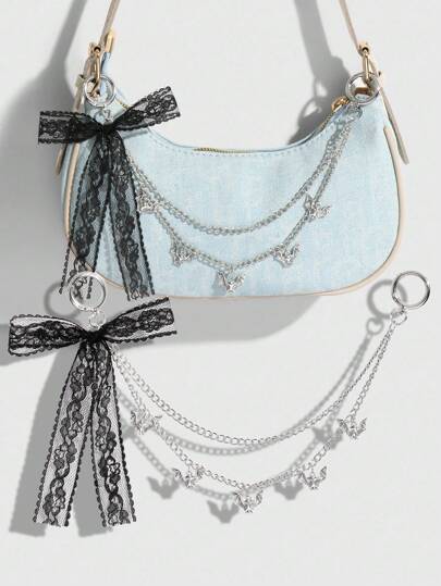 Kawaii 1pc Vintage Y2K Goth Fashion Dark Style Silver Hollow Multilayer Chain Bat Pendant With Black Lace Bow Decor, DIY Keychain/Bag Charm, Suitable For Women As Daily Wear Or Gift For Holiday