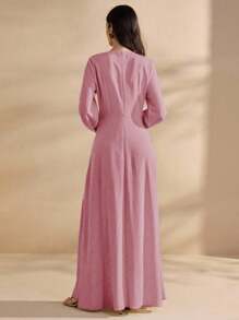 Graceveil Đầm nữ kiểu Pháp cổ tròn tay dài xếp ly thanh lịch - Hồng - Xem 2