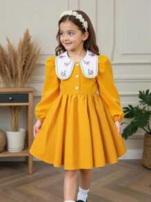Young Girls' Spring/Summer Embroidery Ruffle Collar Puff Sleeve Design Dress, Suitable For School, Daily Wear And Vacation
