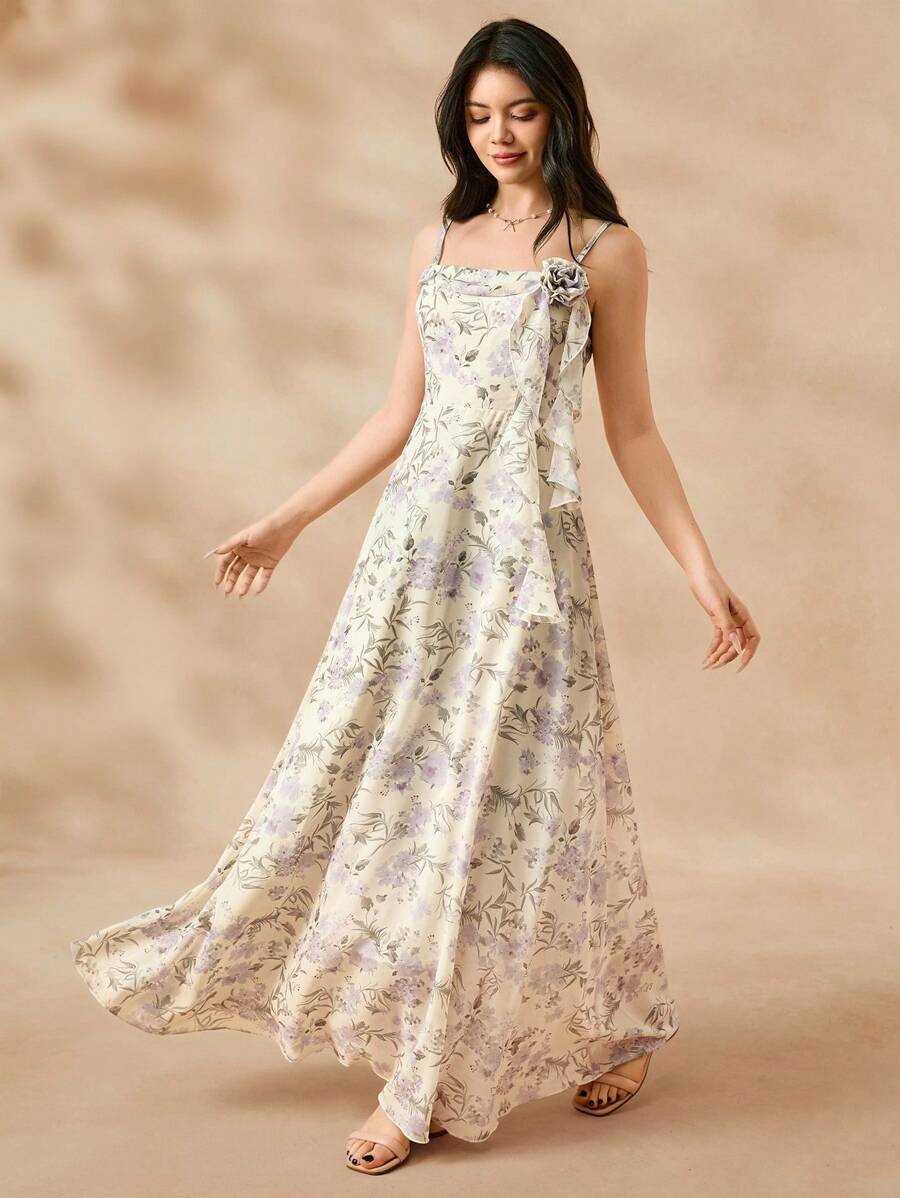 SHEIN 少女优雅碎花雪纺连衣裙，适合婚礼、舞会、正式活动的花童礼服，女童公主派对礼服 - 杏色 - 查看 1