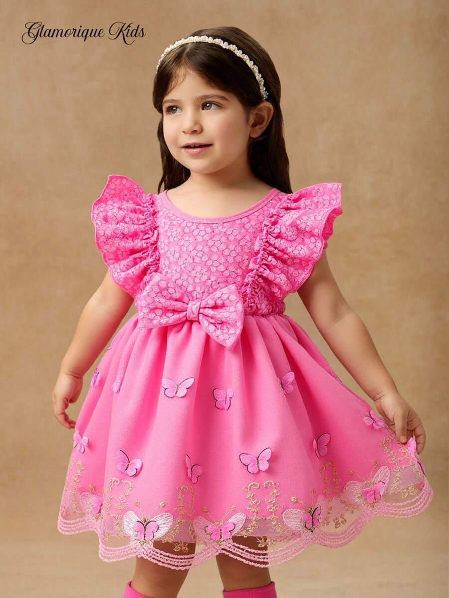 SHEIN Glamorique Kids Baby Girl And Elegant Butterfly Decorated Mesh Ruffle Hem Embroidery Dress - Hot Pink - View 1