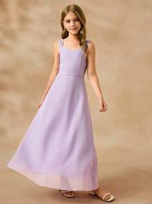 Vestido formal de verano de gasa morado lila de cuello en V alto con cintura alta y fluido para niñas, de estilo elegante y minimalista - Morado - Ver 7