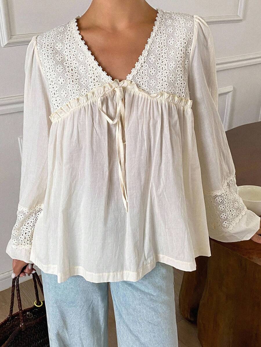 Livesso Women V-Neck Long Sleeve Lace Patchwork Blouse, Summer Vacation - Apricot - View 1