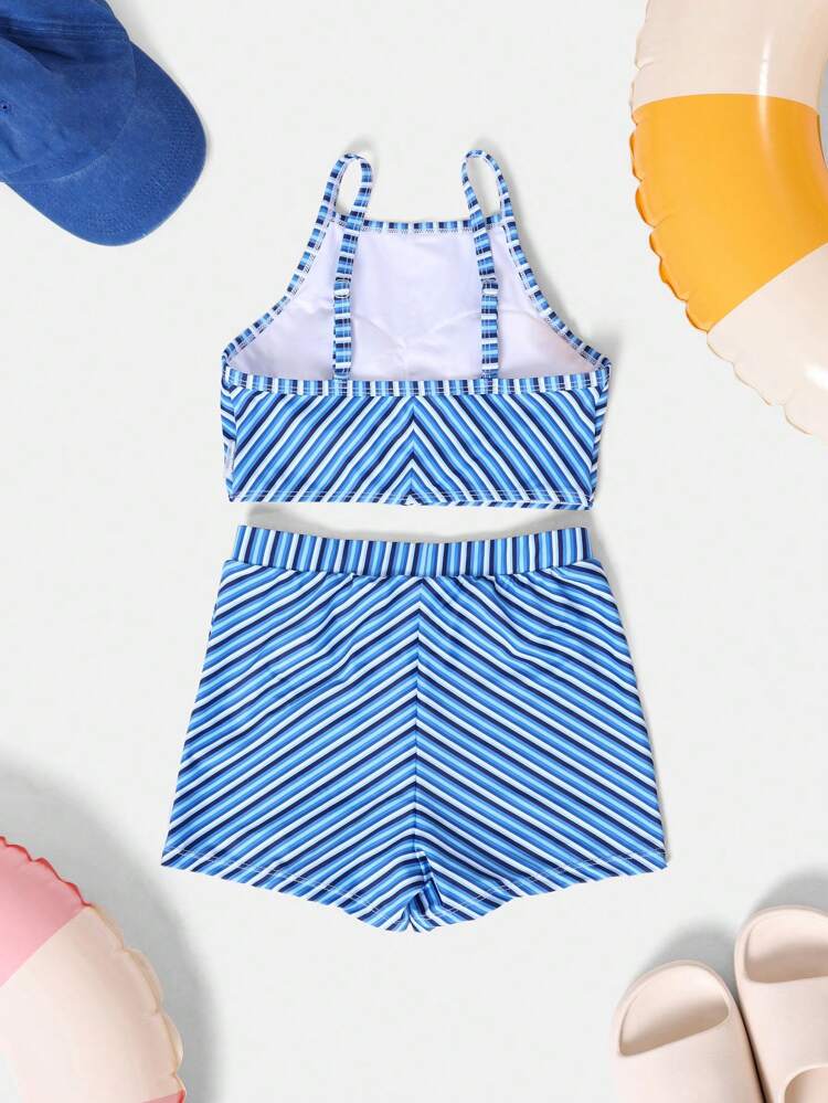 Halter Neck Striped Two Piece Bikini Set