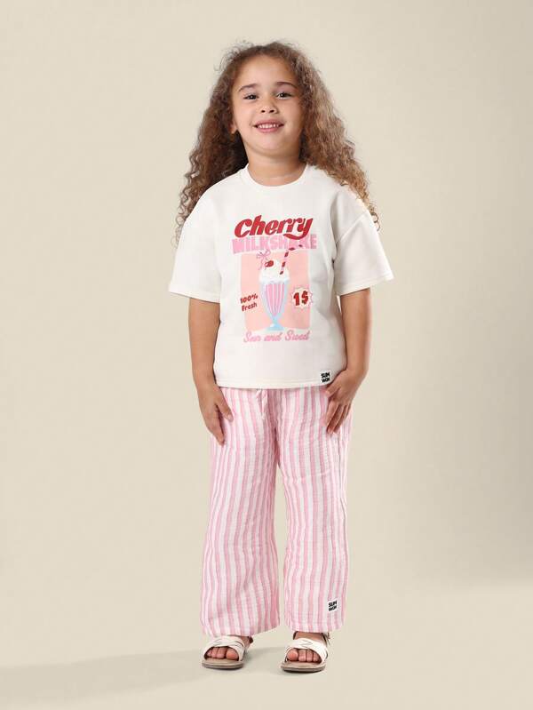 SUMWON Girls Cherry Milkshake Summer T-Shirt With Vintage Style Wide Leg Striped Pants Set Perfect For Spring Beach Holiday Resort Wear