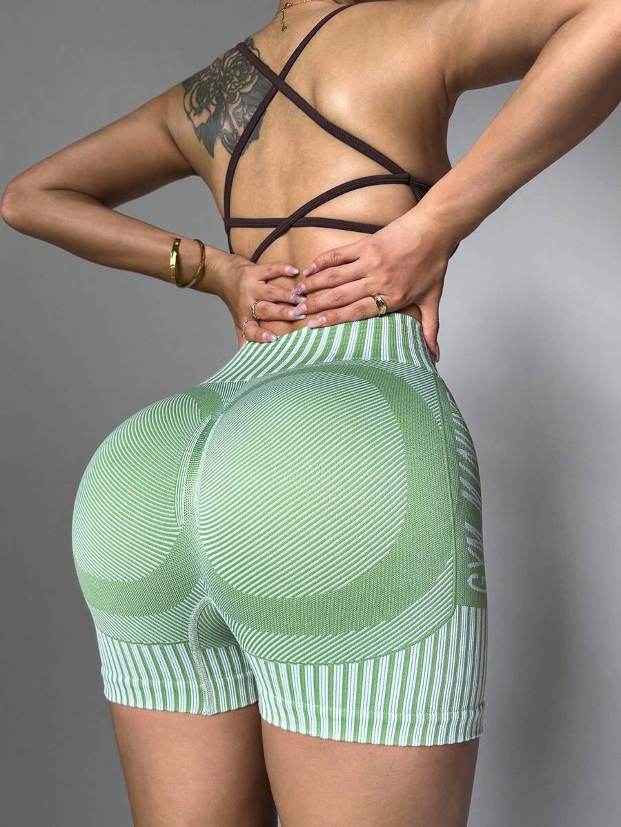 Dewbera 条纹印花松紧腰紧身短裤，夏季运动健身短裤