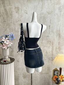 Attitoon Chân váy denim nữ dáng ôm, quần jean ngắn denim tối màu phong cách đường phố, chân váy cạp siêu thấp, gợi cảm cho câu lạc bộ, chân váy phong cách đường phố, chân váy grunge, chân váy vintage, phong cách Y2K, trở lại trường học, nữ vintage, grunge, chân váy gợi cảm, chân váy Gyaru - Rửa tối - Xem 2