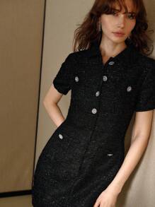 MOTF PREMIUM Vestido de tweed con detalle de rhinestones y bolsillo parche - Negro - Ver 5