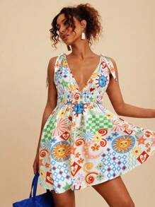 Travachic Gewebtes bedrucktes Minikleid mit V-Ausschnitt und ärmellos für Frauen, gewebter grafischer Muster, lässige Sommerurlaubs-Outfits für Frauen, Boho-Strandurlaubs-Outfits, Boho-Chic, Country-Konzert-Outfit, Urlaubsfestival-Outfits, Strandoutfits für Frauen, Old-Money-Stil für Frauen, Sommersonnenkleid, Sommerkleider für Frauen, Abschlussoutfit, Old-Money-Stil für Frauen, Sommersonnenkleid, Schleifenträger an den Schultern