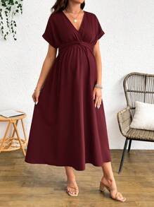 Cheriluna Maternity 孕妇V领扭腰短袖优雅摆裙，夏季 - 酒紅色 - 查看 5