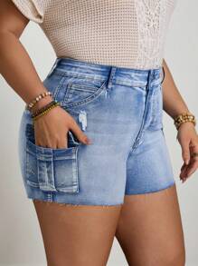 EMERY ROSE Plus Size Women's Summer Lilac Denim Ripped Hem Shorts - Medium Wash - View 4