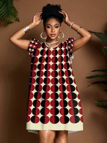 Maweii 大码女式圆领红黑拼色大圆点数码印花盖袖连衣裙/太阳裙，休闲时尚风格 - 彩色 - 查看 3