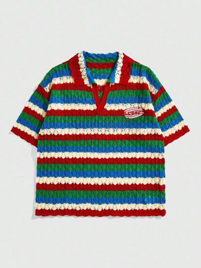 Street Life Men's Summer Casual Contrast Striped Polo Collar Knit Shirt
