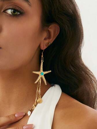 Fairycore 1 Pair Seashore Beach Metal Starfish & Pearl Tassel Drop Earrings For Women