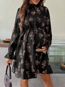 SHEIN Đầm thường ngày dài tay cổ đứng in hoa cho bà bầu - Nhiều màu - Xem 6