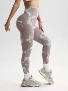 Easithlete 无缝高腰扎染印花紧身健身裤 - 彩色 - 查看 7