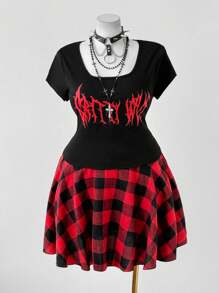 Flirla 2件套朋克时尚图案印花圆领T恤搭配格子A字迷你裙 - 彩色 - 查看 4