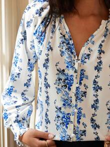 Écloséra 女式印花褶皱全扣长袖衬衫