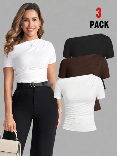 Ellevyn Women's Casual Plain Asymmetric Neckline Ruched T-Shirt, Summer