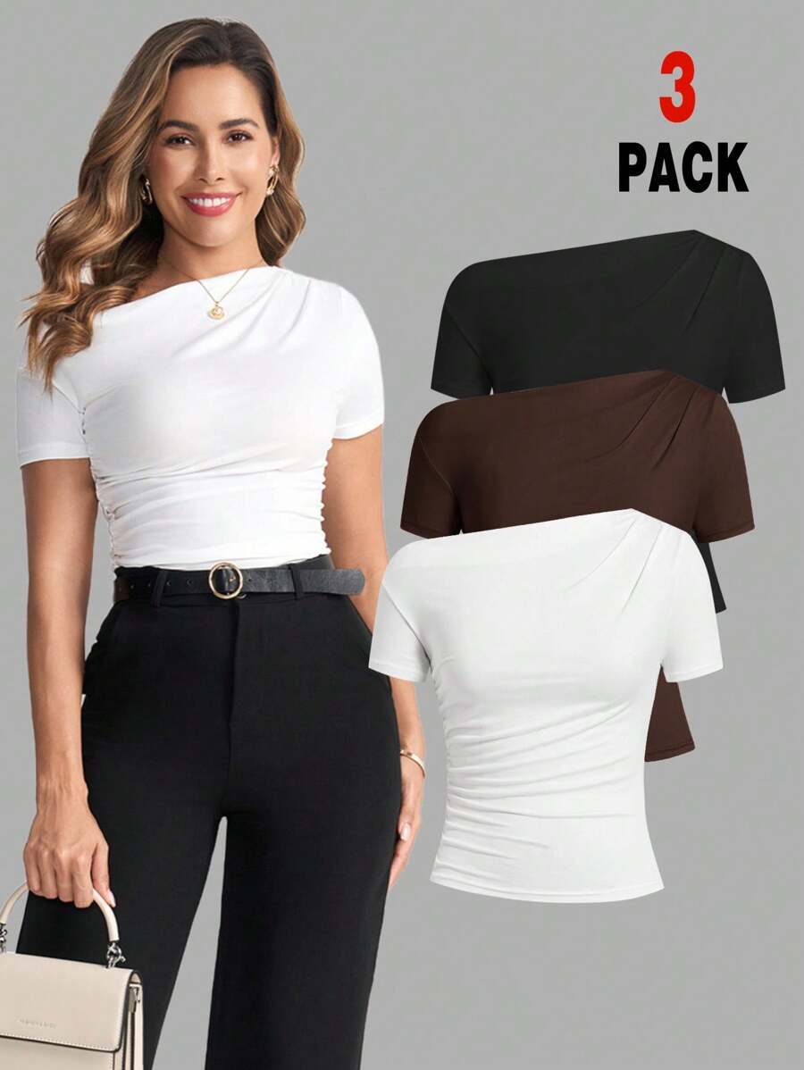 Ellevyn Camiseta de mujer casual de cuello asimétrico arrugado, para el verano - Café integral - Ver 1