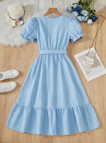 青少年优雅度假海边船领泡泡袖束腰连衣裙