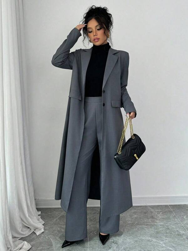 SHEIN PETITE حلة نسائية أنيقة للذهاب إلى العمل، طقم جاكيت طويلة ذات قصة راقلان وياقة واسعة بلون رمادي داكن مزركش، وبنطال طويل مستقيم