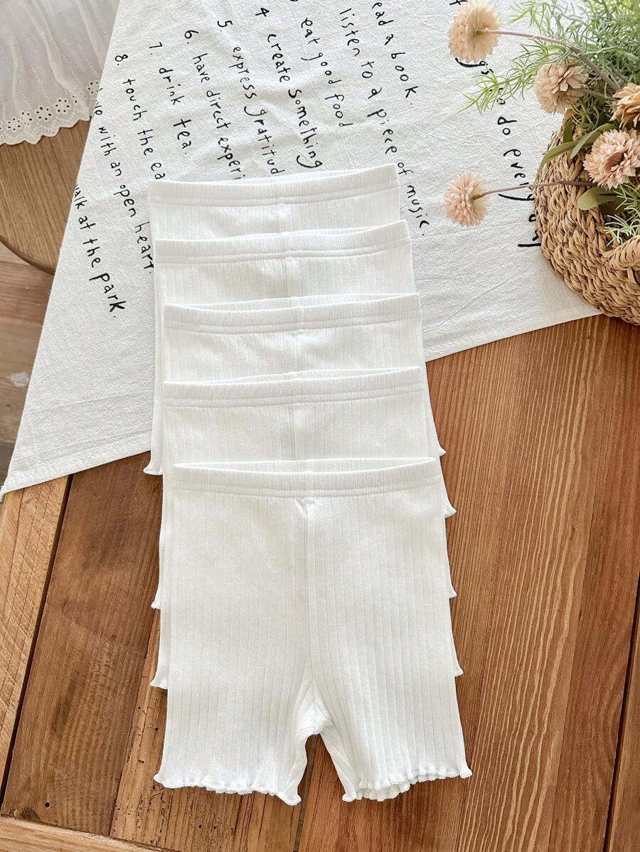 SHEIN LMoss Kids Bộ 5 quần short lưng thun dệt kim màu trơn cho bé gái - trắng - Xem 1