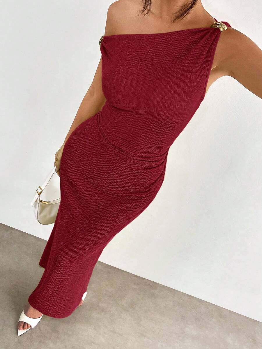 SHEIN EZwear 酒红色提花针织金属纽扣装饰不对称下摆连衣裙 - 酒紅色 - 查看 1