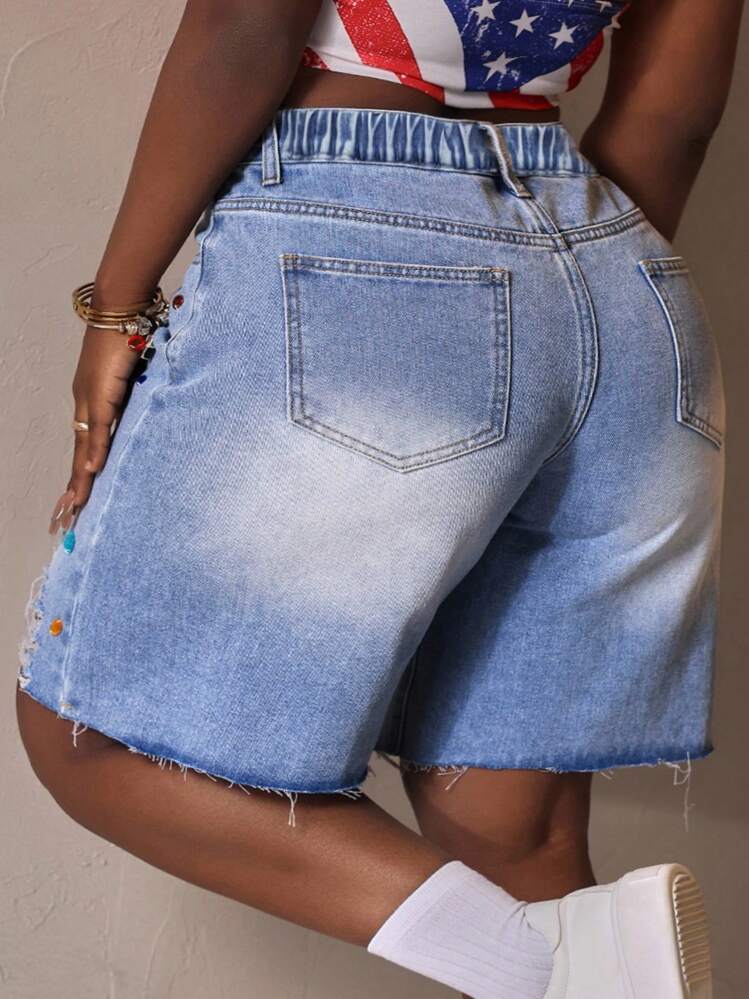 Slaydiva Shorts Denim Casuais Plus Size Femininos com Bolsos, Decoração com Strass e Desgaste - Azul - Visão 3