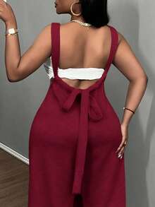 Slaydiva Casual Solid Color Wide Leg Drawstrings, Fashionable Sleeveless Jumpsuit - Burgundy - View 7