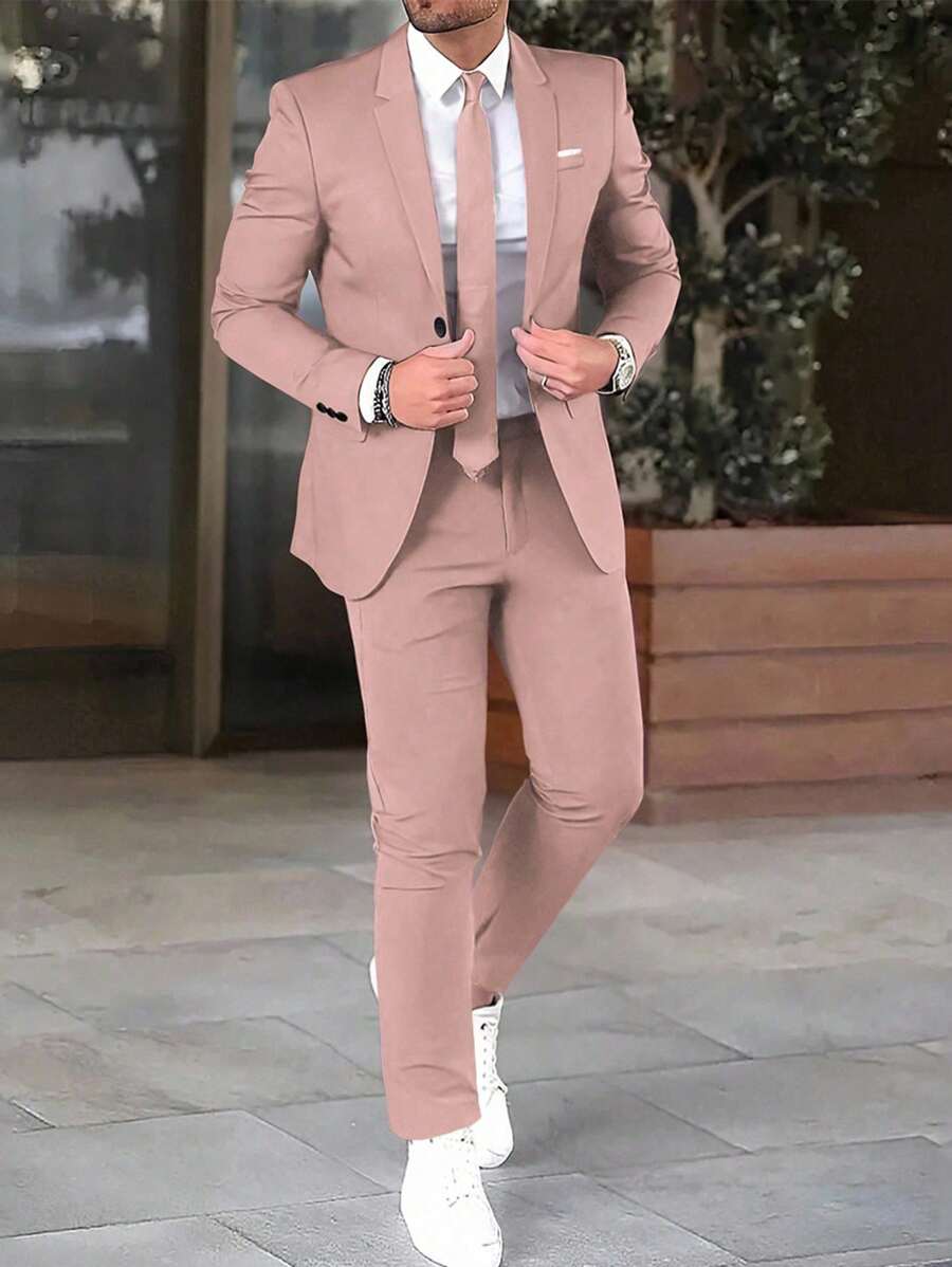 Manfinity Mode 男士简约通勤商务衬衫领西装套装 - 藕粉色 - 查看 1
