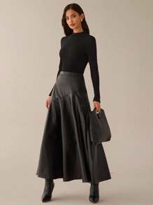 Lilora Women Casual/Office Wear Solid Color PU Leather Long Skirt Black Faux Full Asymmetrical Modest Outing For , Office Ladies, - Black - View 6