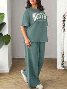 RueChic Conjunto de dos piezas informal y cómodo de camiseta y pantalones de mujer, 100% algodón, con bordado de Boston