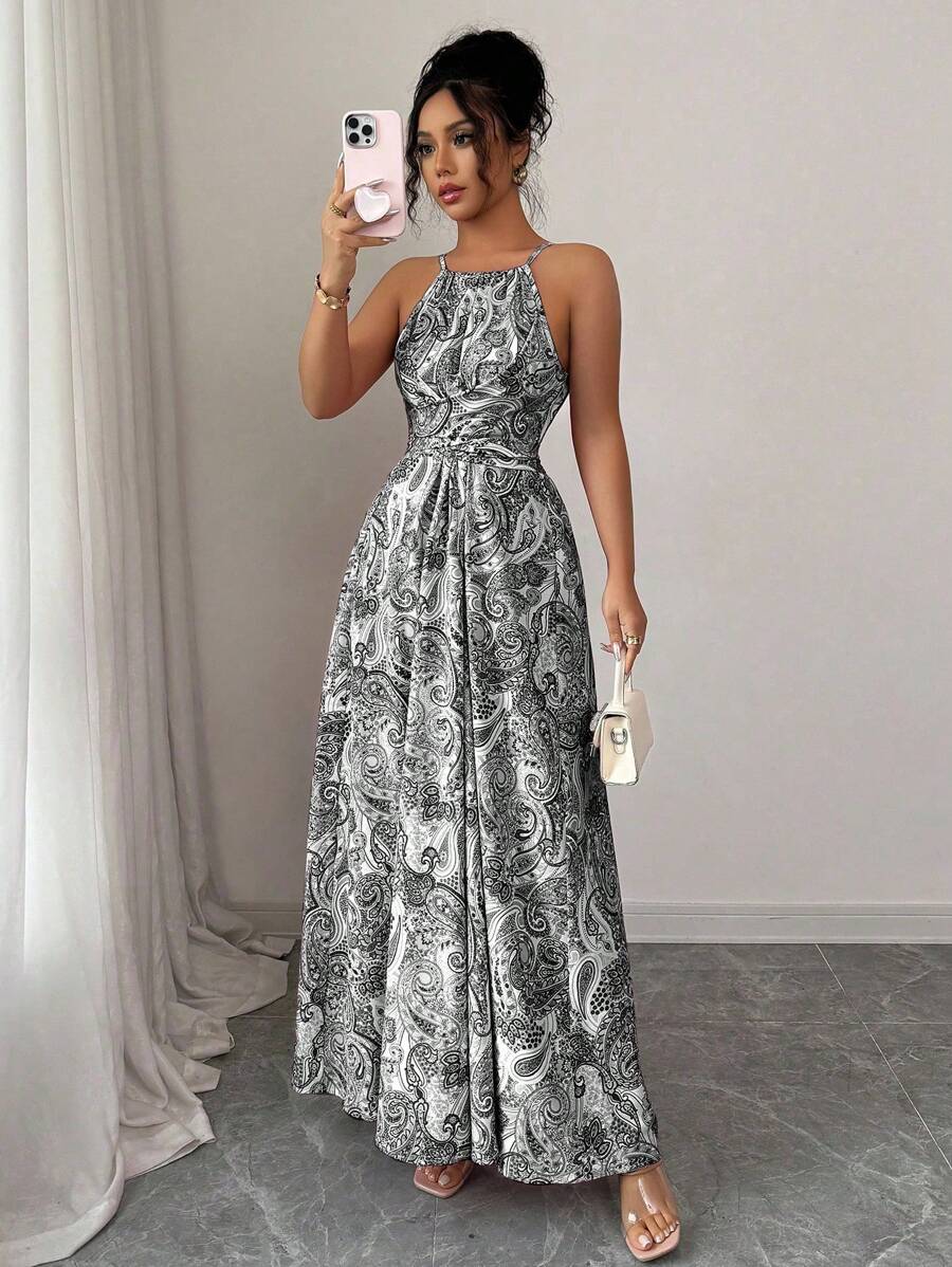 Elenzga Women's Sleeveless High Waist Ruffle Hem Printed Sundress - Black - View 1