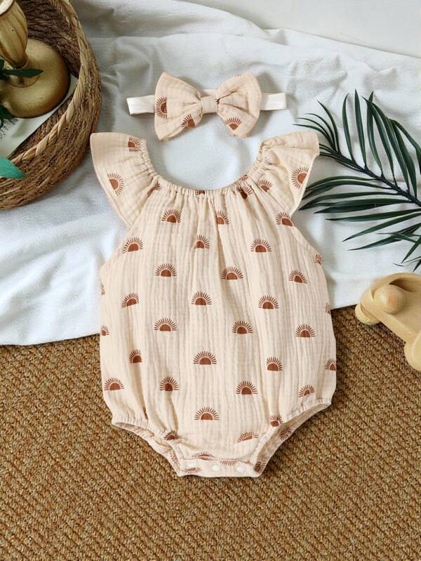 SHEIN Vintaside Kids Baby Girl Allover Print Bodysuit & Accessory Headband