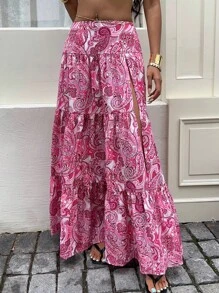 SHEIN Unity 女式夏季性感度假波西米亚风佩斯利印花多层下摆高开衩裙 - 粉色 - 查看 6