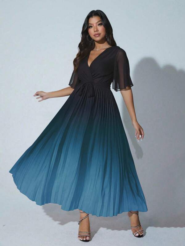 Grovea Plus Size Women Elegant Romantic Summer Vacation Dress, V-Neck Wrap, Chiffon Ruffle Sleeve, Belted Waist, Ombre, Flowy A-Line Maxi Dress For Party