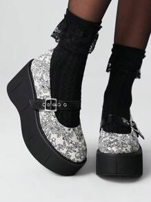 ROMWE Grunge Punk Pantofi sport fără platformă pentru femei, stil gotic punk, cu vârf rotund, cu imprimeu floral aleatoriu din pânză, curea metalică reglabilă, pantofi comozi pentru activități casual, pentru exterior, Halloween - alb - Vizualizare 1