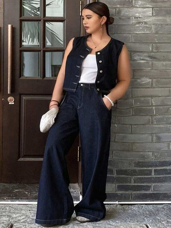 Dazy Plus Set de 2 piezas: Top corto de mezclilla sin mangas de cuello redondo azul oscuro lavado y pantalones anchos de mezclilla, look casual