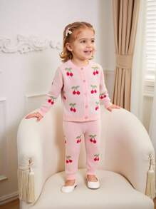 SHEIN Baby Girls Knit Sweater Co-Ord Set, Pink With Cherry Motif, Soft & Comfortable For Casual, Outdoor, Travel, Vacation, Home, Daycare, And Playtime Fall Winter