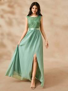 SHEIN Vestido largo de línea A con abertura alta, de gasa con aplicaciones de encaje, elegante para dama de honor, temporada de bodas, apropiado para adolescentes, baile de graduación, fiesta de cumpleaños, presentación - Verde - Ver 3