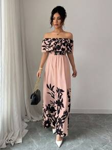 Chiquease Váy midi hở vai hở vai in họa tiết kiểu Pháp thanh lịch gợi cảm dành cho nữ, trang phục mùa hè cho trường đại học - Hồng - Xem 6