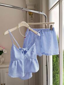 Comfortcana Bộ 2 áo ba lỗ họa tiết răng sói và quần short, trang phục ngày lễ giải trí - Màu xanh lam - Xem 3