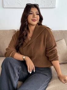 Calvaya 大码女式休闲纽扣前长袖纯色针织开衫 - 巧克力棕 - 查看 1